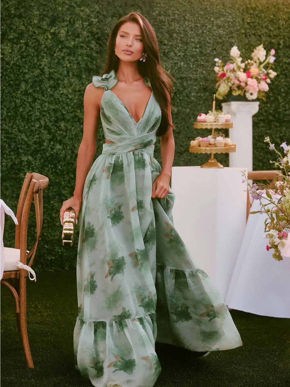 Fashion Nova Green Floral Ruffle Backless Maxi Dress - Picture 2 of 6